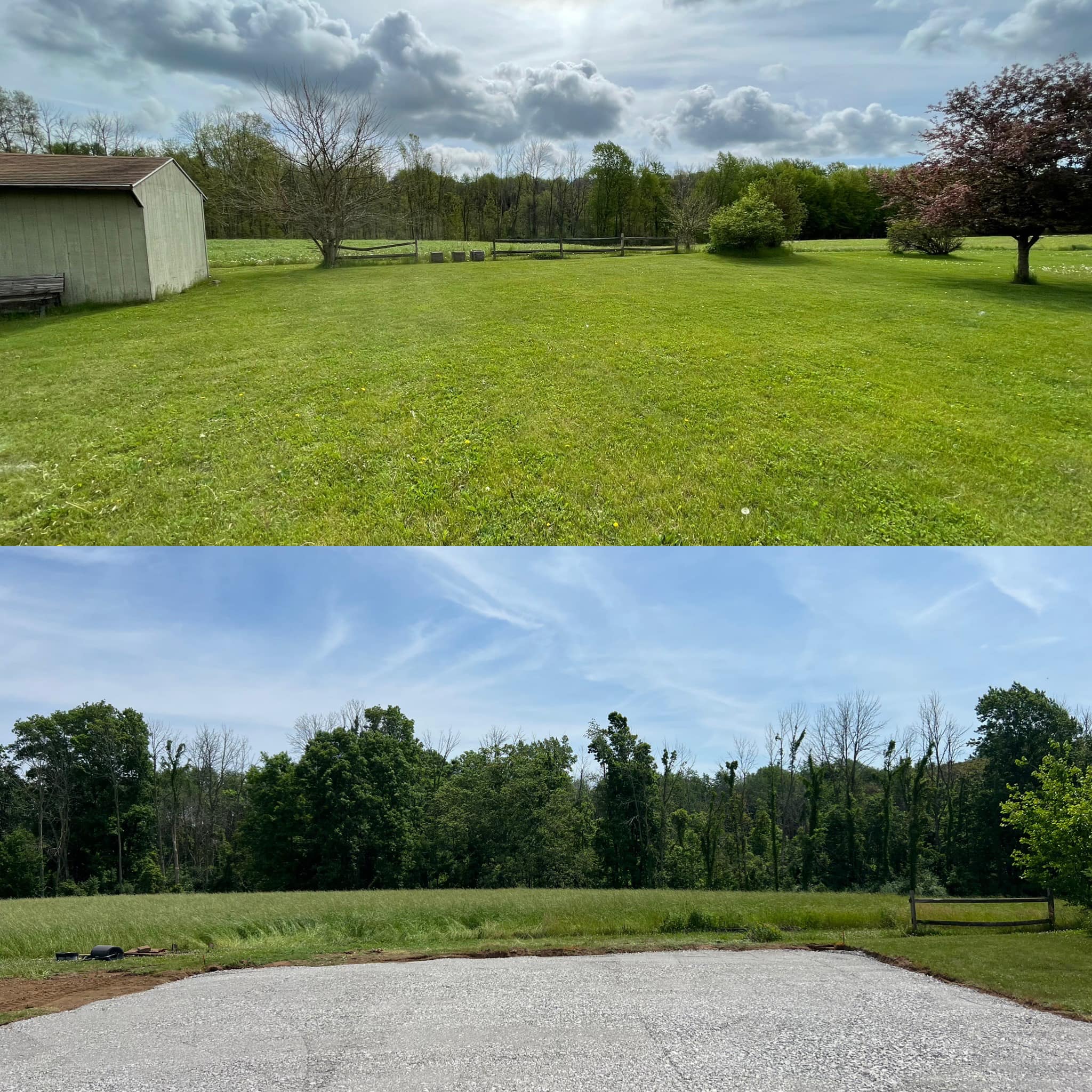Open grassy field with shed and treeline before pole barn construction